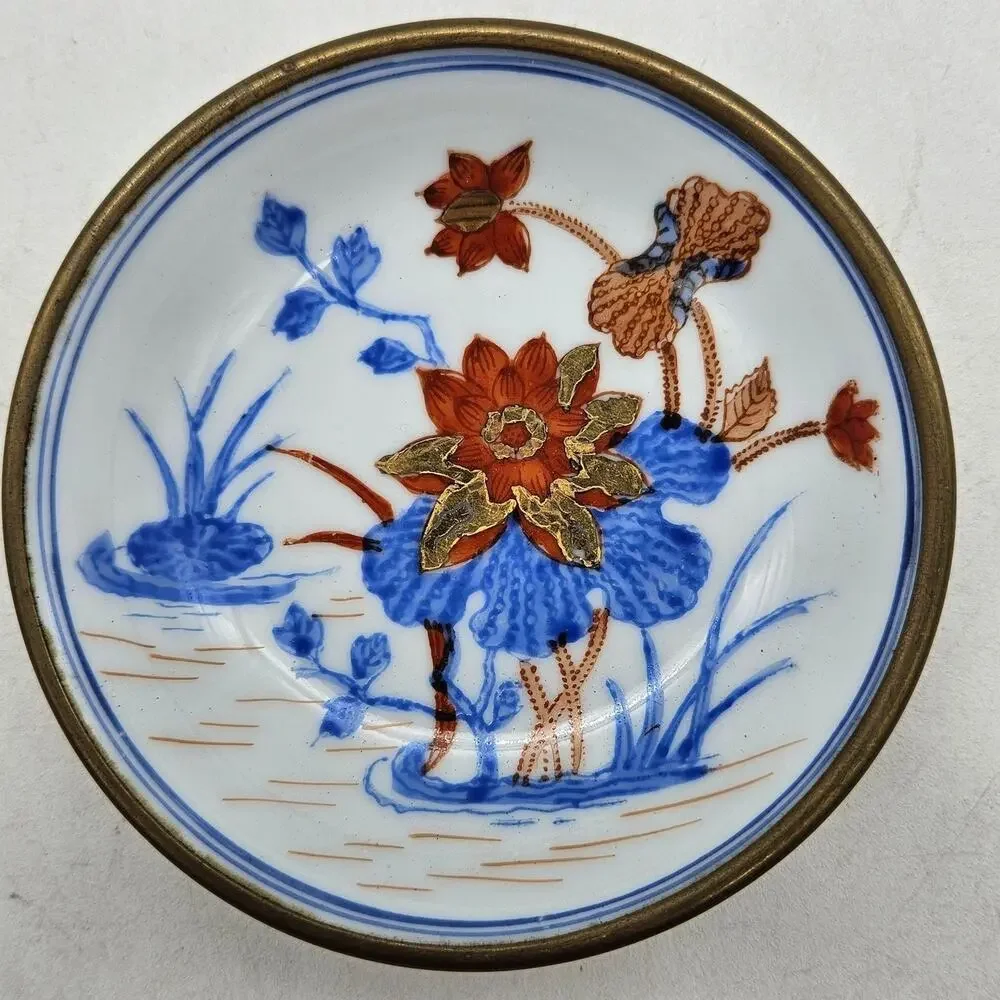 Vintage Japanese Porcelain Collector Plate Brass Trim Floral T.F.F. Hong Kong